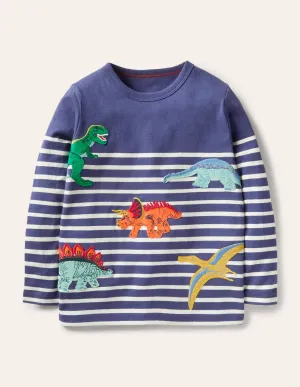 Appliqué Breton T-shirt-Starboard Blue/Ivory Dinos