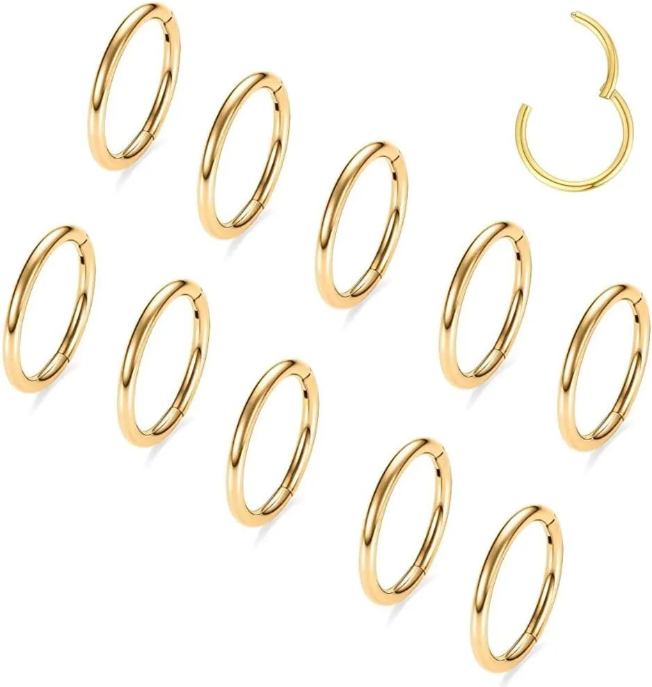 Casvort 10 PCS 16G Seamless Septum Nose Piercing Rings Segment Tragus Hoop Rings 316 Stainless Steel Helix Ring Stack Clickers Ear Plugs Hangers Women Body Jewelry