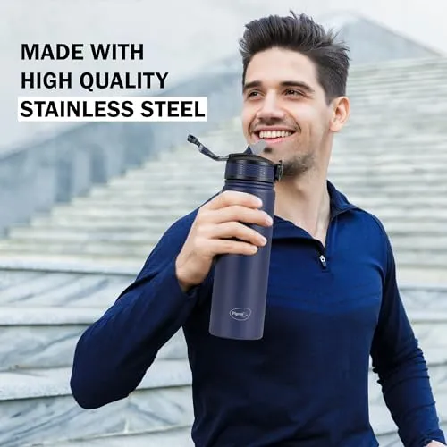 Pigeon by Stovekraft Rush 750ml Stainless Steel Sipper Flask with Straw and Screw Cap | 24-Hour Hot & Cold | Perfect for Office, School, Travel | Includes Cleaner | Blue