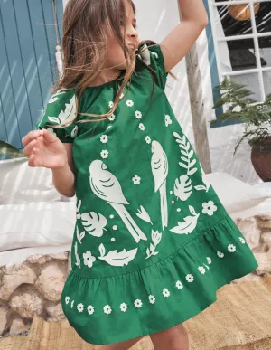Puff Sleeve Embroidered Dress-Green Pepper Birds