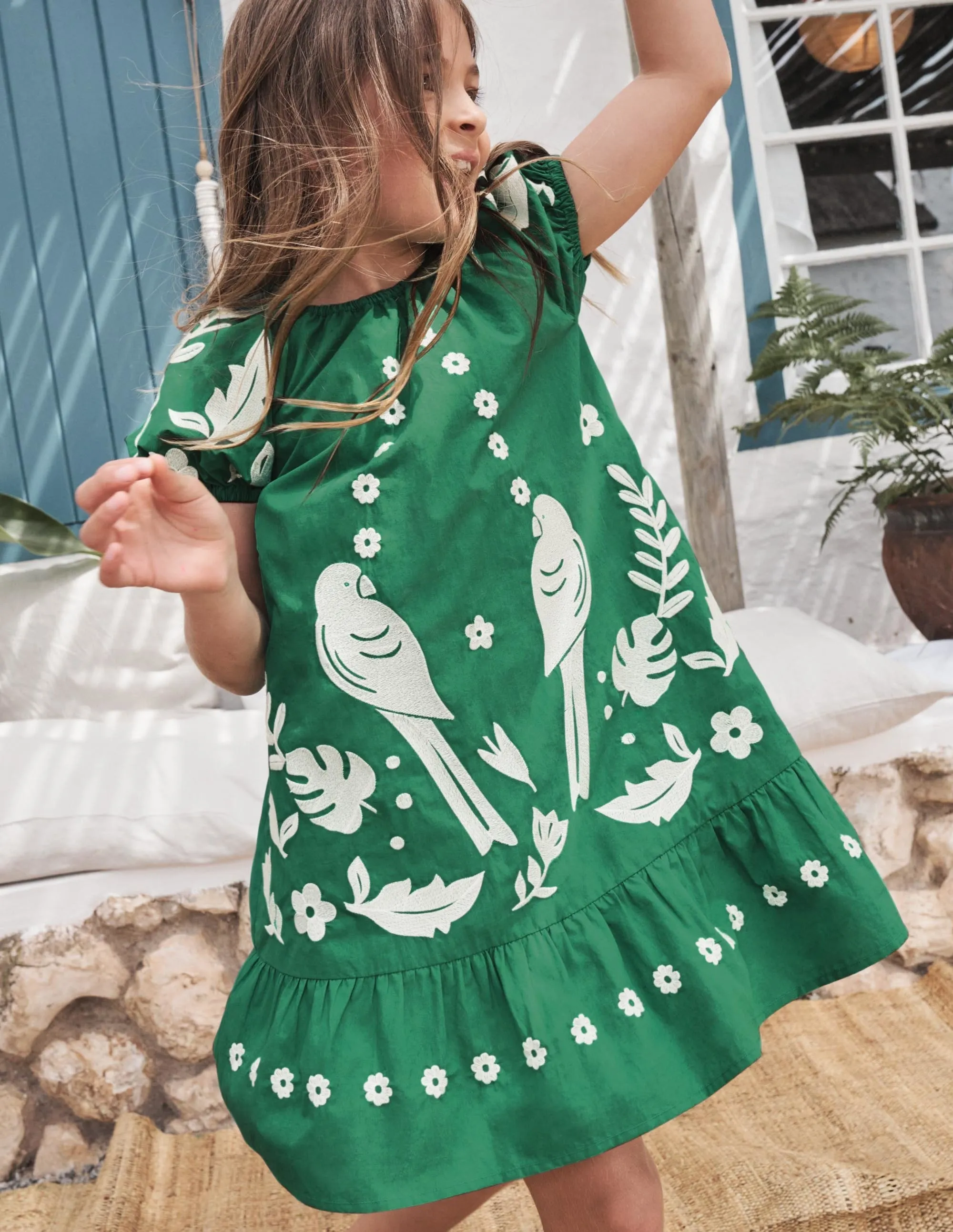 Puff Sleeve Embroidered Dress-Green Pepper Birds