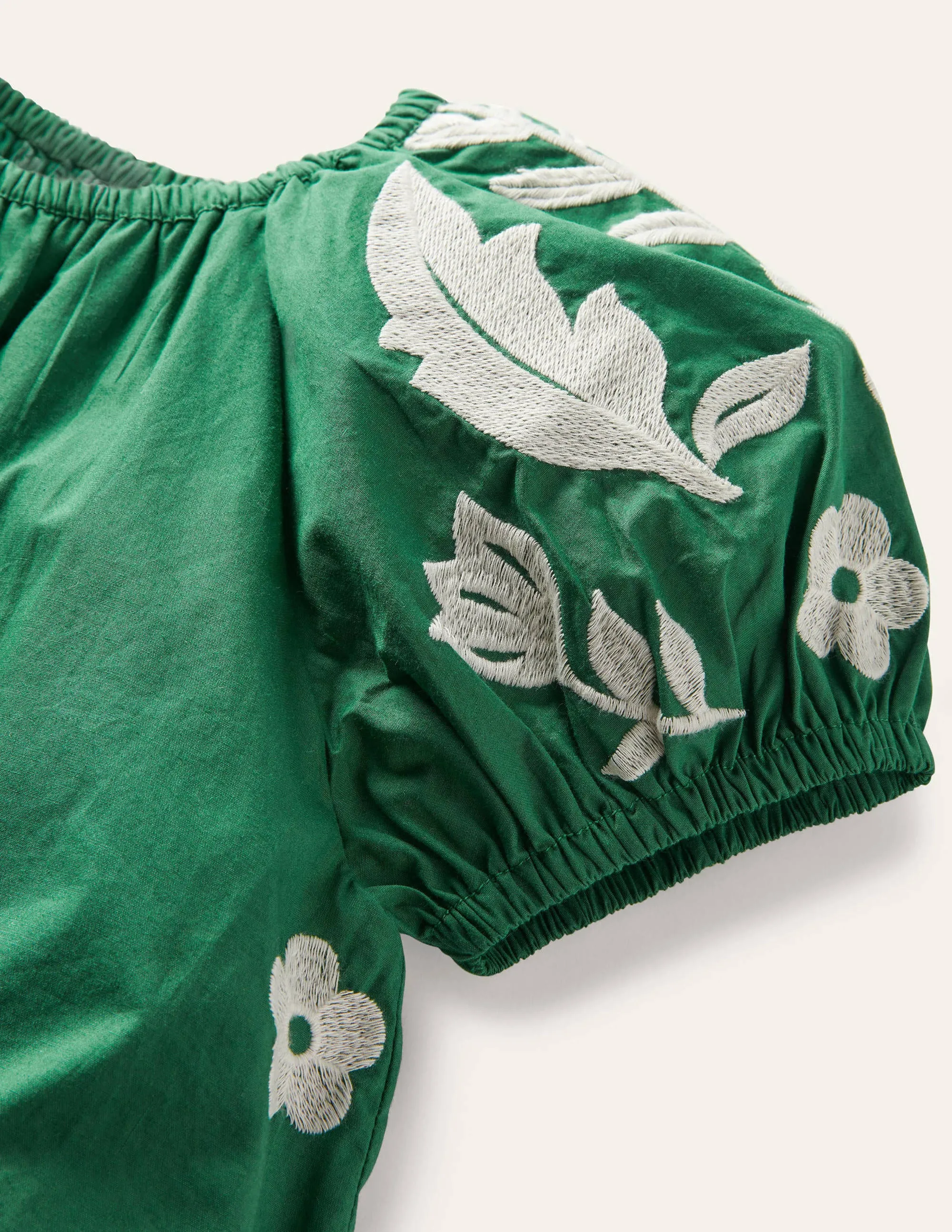Puff Sleeve Embroidered Dress-Green Pepper Birds
