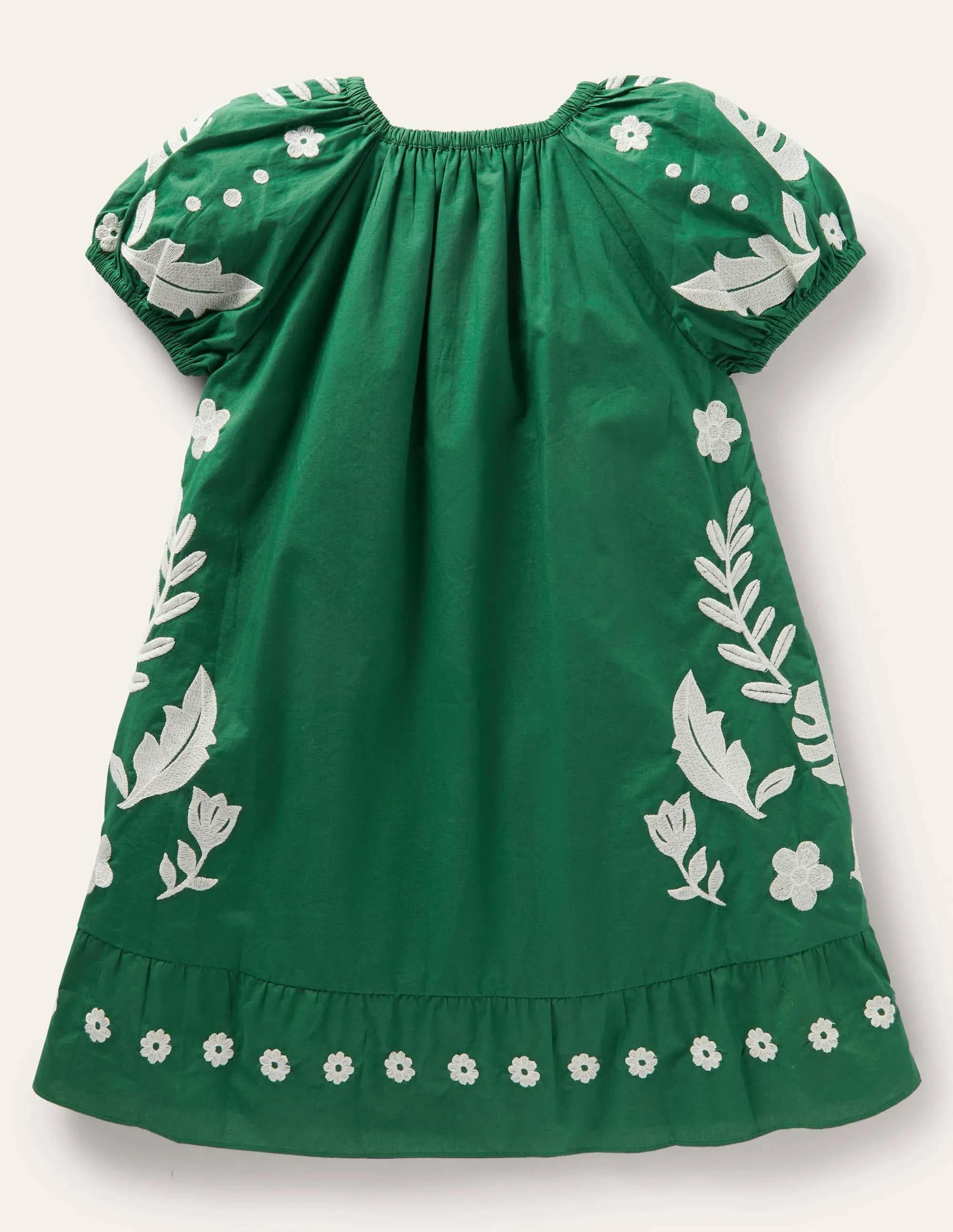 Puff Sleeve Embroidered Dress-Green Pepper Birds