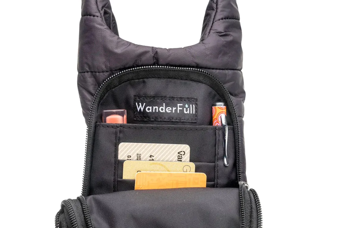 Wanderfull Water Bottle Bag Black Matte & Striped Strap Carrier Puffer Tote Quilted Handbag Sling Crossbody