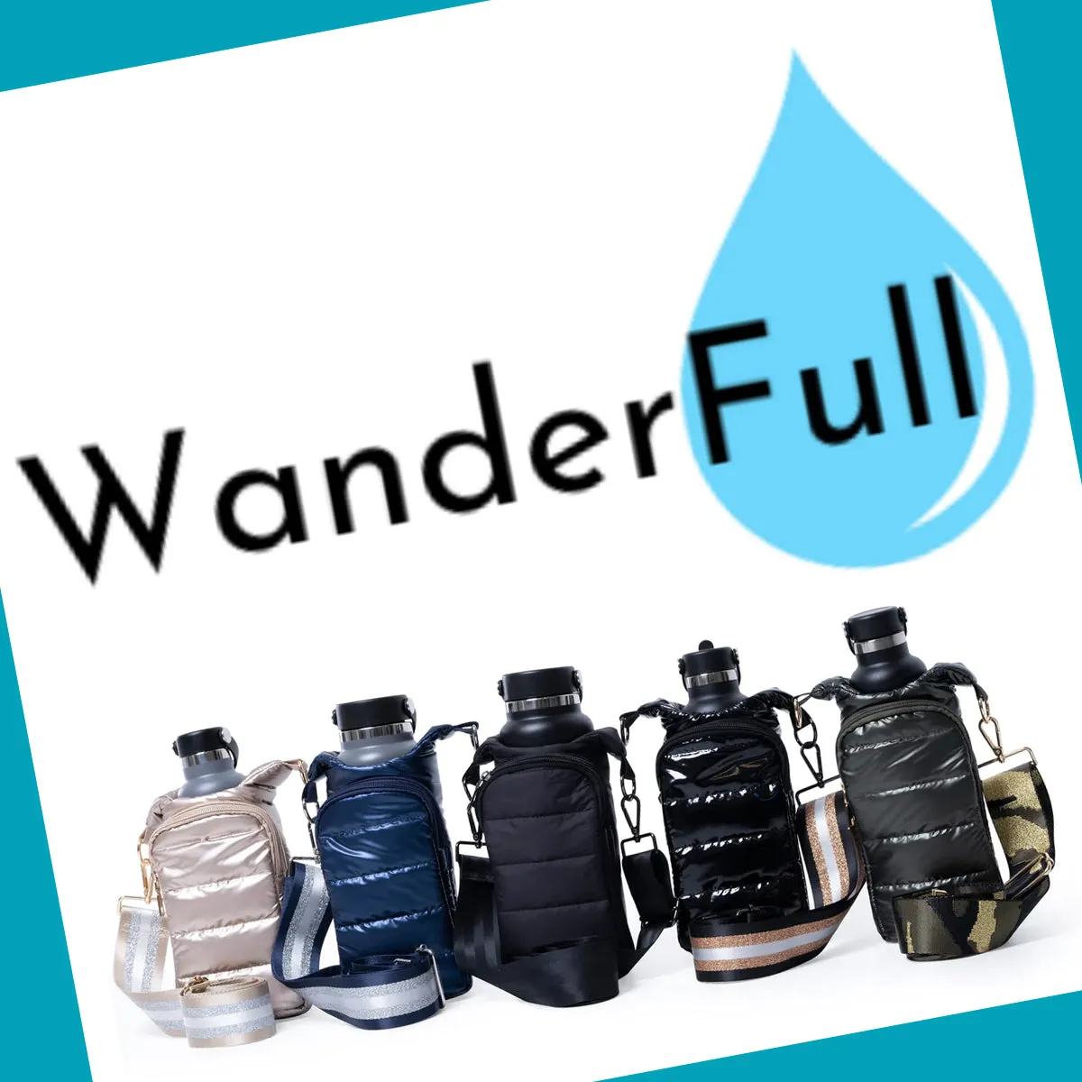 Wanderfull Water Bottle Bag Black Patent & Striped Strap Carrier Puffer Tote Quilted Handbag Sling Crossbody