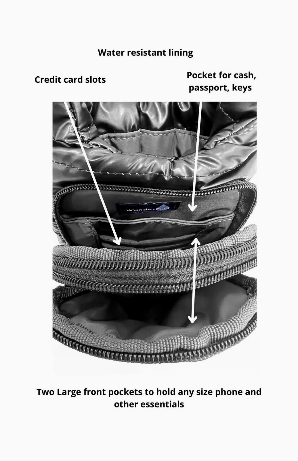 Wanderfull Water Bottle Bag Black Patent & Striped Strap Carrier Puffer Tote Quilted Handbag Sling Crossbody