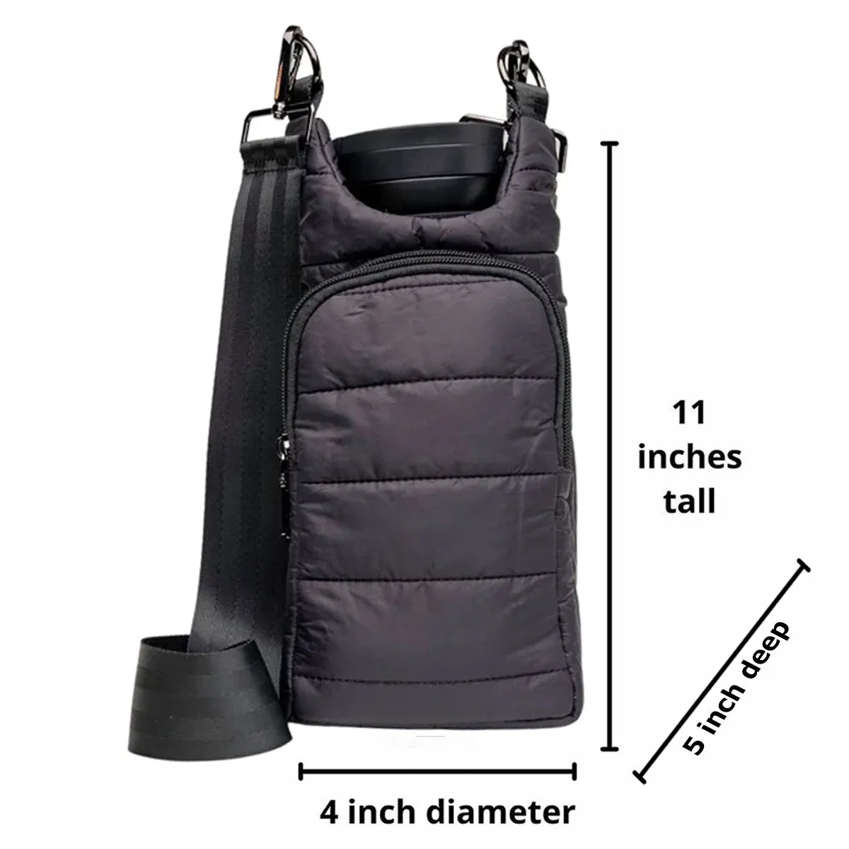 Wanderfull Water Bottle Bag Black Patent & Striped Strap Carrier Puffer Tote Quilted Handbag Sling Crossbody