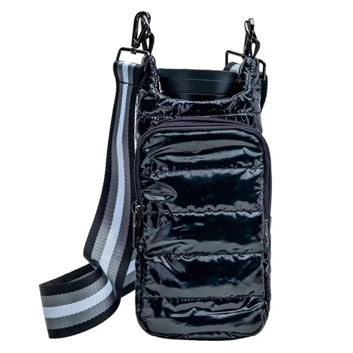 Wanderfull Water Bottle Bag Black Patent & Striped Strap Carrier Puffer Tote Quilted Handbag Sling Crossbody
