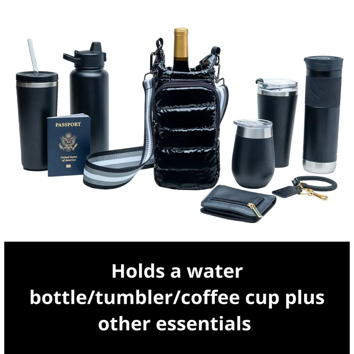 Wanderfull Water Bottle Bag Black Patent & Striped Strap Carrier Puffer Tote Quilted Handbag Sling Crossbody