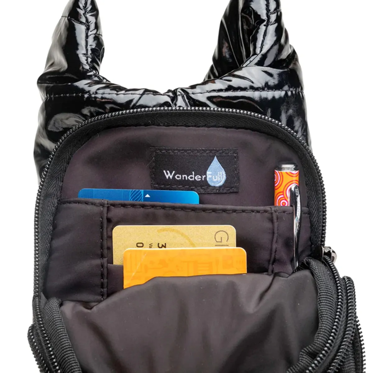 Wanderfull Water Bottle Bag Black Patent & Striped Strap Carrier Puffer Tote Quilted Handbag Sling Crossbody